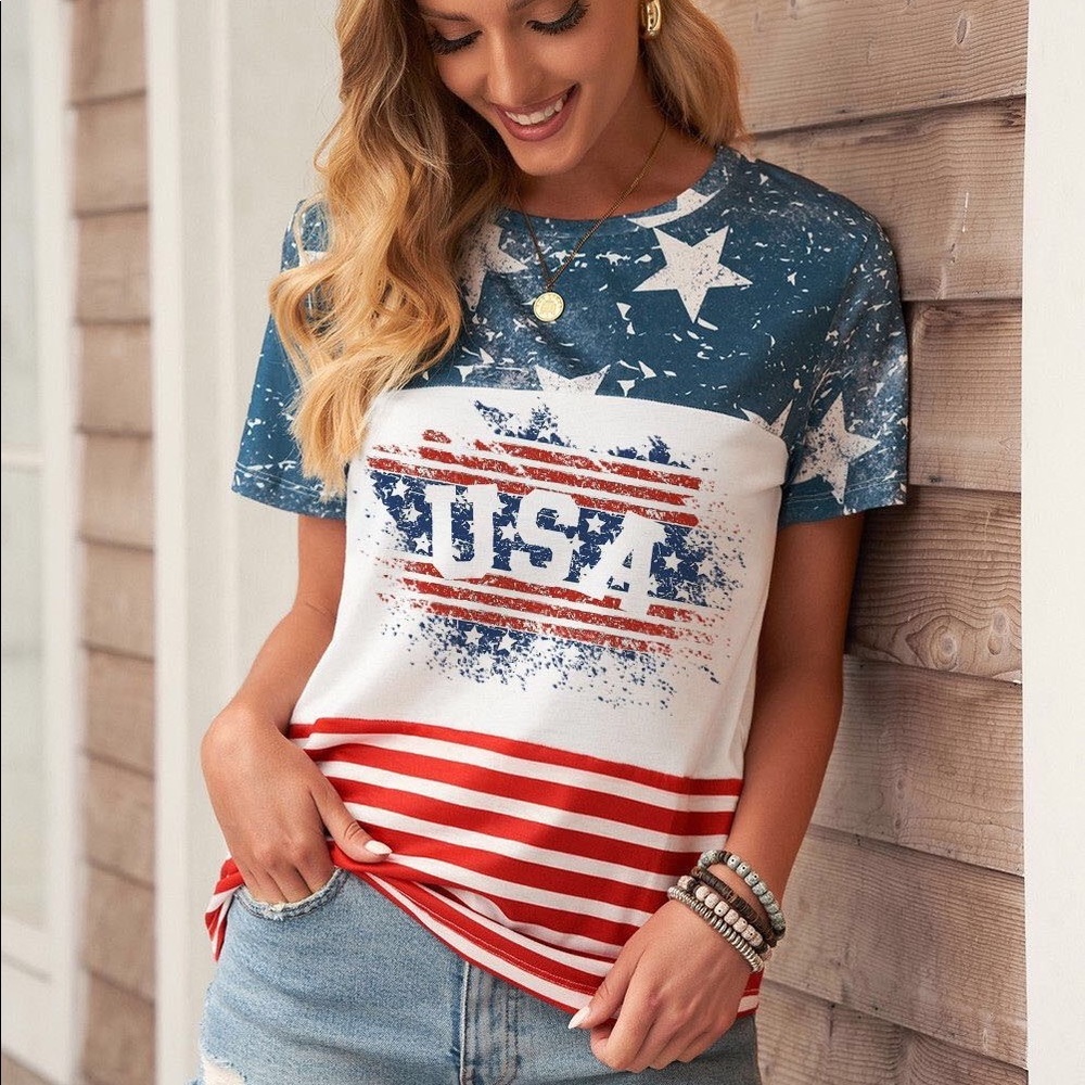 USA Letter Flag Color Block Short Sleeve Top